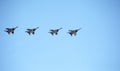 MOSCOW, RUSSIA - June 24, 2020: Fifth-generation Russian multi-purpose fighters Su-57 during air parade dedicated to 75th