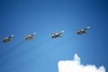 MOSCOW, RUSSIA - June 24, 2020: Fifth-generation Russian multi-purpose fighters Su-57 during air parade dedicated to 75th