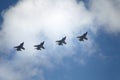 MOSCOW, RUSSIA - June 24, 2020: Fifth-generation Russian multi-purpose fighters Su-57 during air parade dedicated to 75th