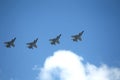 MOSCOW, RUSSIA - June 24, 2020: Fifth-generation Russian multi-purpose fighters Su-57 during air parade dedicated to 75th