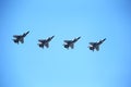 MOSCOW, RUSSIA - June 24, 2020: Fifth-generation Russian multi-purpose fighters Su-57 during air parade dedicated to 75th