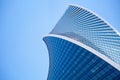 Moscow city International Business Center, spiral shape skyscraper the Evolution Tower on blue sky background close up