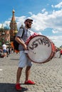 Football fan of Poland with a drum on Red Square in Moscow, during FIFA World Cup 2018 Royalty Free Stock Photo