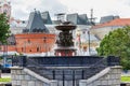 Moscow, Russia - June 02, 2019: Fountain Vitali on Revolution Square in Moscow at cloudy day Royalty Free Stock Photo