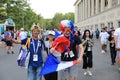 MOSCOW, RUSSIA - June 26, 2018: French and Denmark fans celebrating during the World Cup Group C game between France and Denmark a