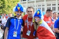 MOSCOW, RUSSIA - June 26, 2018: French and Russian fans celebrating during the World Cup Group C game between France and Denmark a