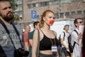 Girl with duct tape over her mouth. Protest in support journalist Ivan Golunov. Against political repressions