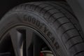 MOSCOW, RUSSIA - JUNE 14, 2021 Goodyear Eagle tire logo on the sidewall of the new tire.