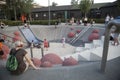 Gorky Park. Childrens and their parents on the modern childrens playground in the Gorky Park