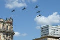 A group of Mi-28N `Night hunter` attack helicopters in the sky over Moscow during the parade dedicated to the 75th anniversary of Royalty Free Stock Photo