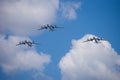 MOSCOW, RUSSIA - June 24, 2020: A group of turboprop strategic bombers Tu-95MS