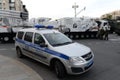 Lada-Largus police car on Tverskaya street in Moscow during the night rehearsal of the Victory parade