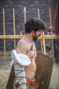 MOSCOW,RUSSIA-June 06,2016: Lifestyle picture of ancient gladiator warrior ready to fight at festival