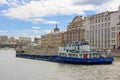 Moscow, Russia - June 21, 2018: Loaded barge floating on Moskva river on a blue sky background