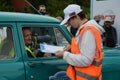 The mark of the route sheet at the start of the rally of vintage cars Bosch Moskau Klassik in Moscow.