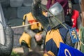 MOSCOW,RUSSIA-June 06,2016: Martial duel of two medieval teutonic warriors. Knights in full armour fight with swords on arena Royalty Free Stock Photo