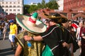 Mexican football fans on red Square in Moscow. Famous Mexican sombreros and ponchos. Football world Cup.