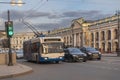 Modern russian trolleybus MTrZ 52791 Sadovoye Koltso in the city street