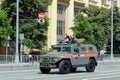 Multi-purpose armored car `Tiger-M` of the military police on Mokhovaya street during the parade dedicated to the 75th anniversary Royalty Free Stock Photo