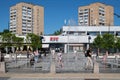 Moscow, Russia - June 23. 2022. Muscovites with children at the fountain in the heat. Central square in Zelenograd