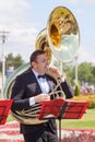 New Life Brass band classical quintet of brass wind musical instruments, orchestra performs music, man musician plays sousaphone Royalty Free Stock Photo