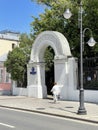 Moscow, Russia, June, 16, 2022. The old entrance to the territory of the Church of the Life-Giving Trinity in Vishnyaki in summer.