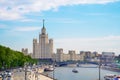 MOSCOW, RUSSIA - JUNE 04, 2019: Panoramic daytime photo of the river with a view of the city architecture and the avenue Royalty Free Stock Photo