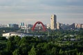 Moscow, Russia - June 12, 2022. Panoramic view of the Moscow sports center. Red metal bridge across the Moscow river Royalty Free Stock Photo