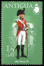 Postage stamp printed in Antigua shows Officer, 59th Regiment of Foot 1797, Military Uniforms serie, circa 1974