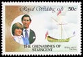 Postage stamp printed in Saint Vincent Grenadines shows Couple and Royal Yacht the Mary, Prince Charles, Lady Diana, Royal Wedding