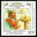 Postage stamp printed in Saint Vincent Grenadines shows Eriksson and bearing dial, BEQUIA - Great Explorers serie, circa 1988