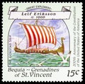 Postage stamp printed in Saint Vincent Grenadines shows Gokstad, ship of Leif Eriksson, BEQUIA - Great Explorers serie, circa 1988