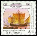 Postage stamp printed in Saint Vincent Grenadines shows The Mathew, ship of John Cabot, BEQUIA - Great Explorers serie, circa 1988