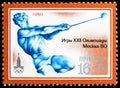 Postage stamp printed in Soviet Union shows Hammer Throw, Summer Olympics 1980 XIV serie, circa 1980 Royalty Free Stock Photo