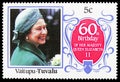 Postage stamp printed in Tuvalu devoted to 60th Birthday of her majesty Queen Elizabeth II, Island VAITUPU serie, circa 1986