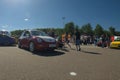 Moscow, Russia - June 01, 2019: Red volkswagen beetle with white elements. lowered car at the parking on th street. Sunny day Royalty Free Stock Photo