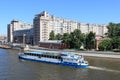 Moscow, Russia - June 13, 2019: River pleasure boat on the Moscow River and Bersenevskaya Embankment.