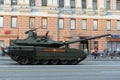 Russian main tank T-90M `Breakthrough` on Tverskaya street in Moscow during the night rehearsal of the Victory parade