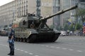 Russian 152-mm self-propelled howitzer brigade link `Coalition-SV` on Tverskaya street in Moscow during the night rehearsal of the