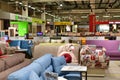 Moscow, Russia - June 09. 2021. Sale of sofa in the Furnituregood store