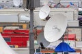 Moscow, Russia - June 21, 2018: Satellite dishes of mobile TV studios closeup on Red square in Moscow Royalty Free Stock Photo