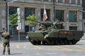 Self-propelled anti-aircraft artillery complex `Derivation-air defense` during the dress rehearsal of the parade dedicated to the