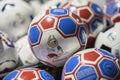 MOSCOW, RUSSIA - JUNE, 14, 2018: Soccer ball with logo of the World Cup FIFA 2018, FIFA Fan Fest in the official mundial Royalty Free Stock Photo