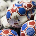 MOSCOW, RUSSIA - JUNE, 14, 2018: Soccer ball with logo of the World Cup FIFA 2018, FIFA Fan Fest in the official mundial Royalty Free Stock Photo