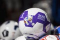 MOSCOW, RUSSIA - JUNE, 14, 2018: Soccer ball with logo of the World Cup FIFA 2018, FIFA Fan Fest in the official mundial