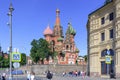 Moscow, Russia - June 03, 2018: St. Basil`s Cathedral on Red square in Moscow on a sunny summer morning. View from Varvarka street Royalty Free Stock Photo