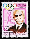 Cuba shows Baron de Coubertin, torchbearer, international Olympic committee, 90th anniversary, circa 1984