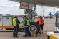 Moscow, Russia - June 6. 2018. Technicians conduct pre-flight preparation of aircraft in Vnukovo airport