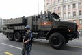 TOS-2 `Tosochka` - heavy flamethrower system is mounted on a wheeled chassis on Tverskaya street in Moscow during the night rehe