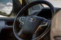 MOSCOW, RUSSIA - JUNE 02, Toyota company logo close-up view on the steering wheel.